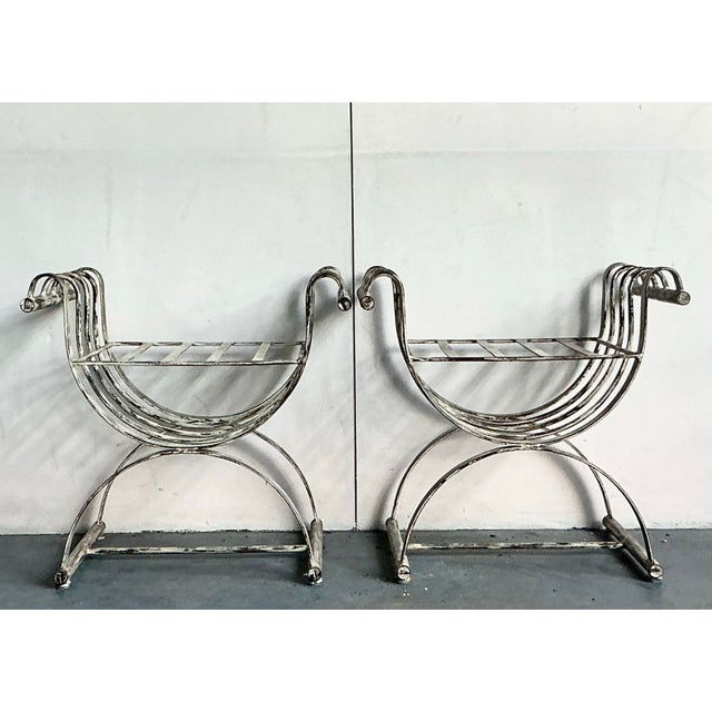 Vintage Neoclassical Patinated Curule Bench - A Pair For Sale - Image 11 of 12