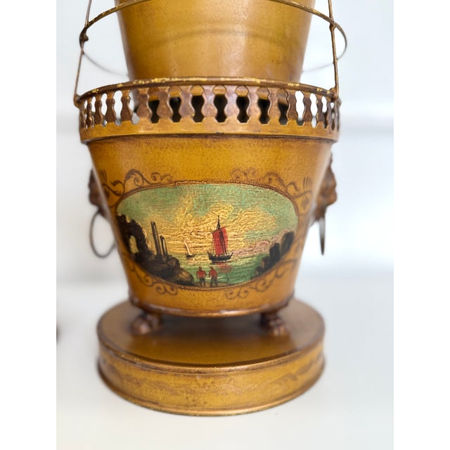 Pair of Antique French Tole Tulipieres With Hand-Painted Scenic Panels For Sale - Image 13 of 17