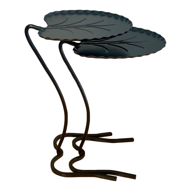 Attributed to Salterini Pair of Lily Pad Nesting Wrought Iron Patio Tables Black For Sale