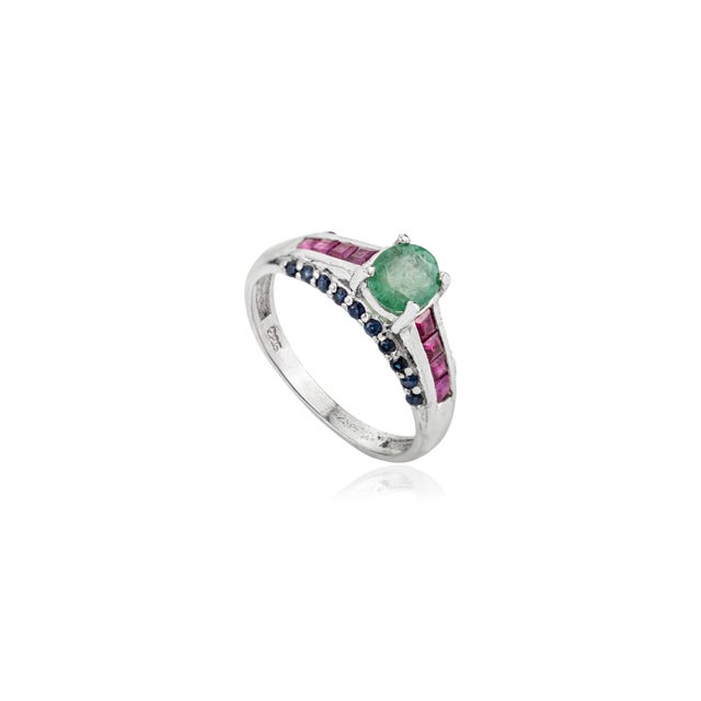 Modern Unique Design Emerald Ruby Diamond Statement Ring Crafted in 925 Silver - Size 6 For Sale - Image 3 of 11