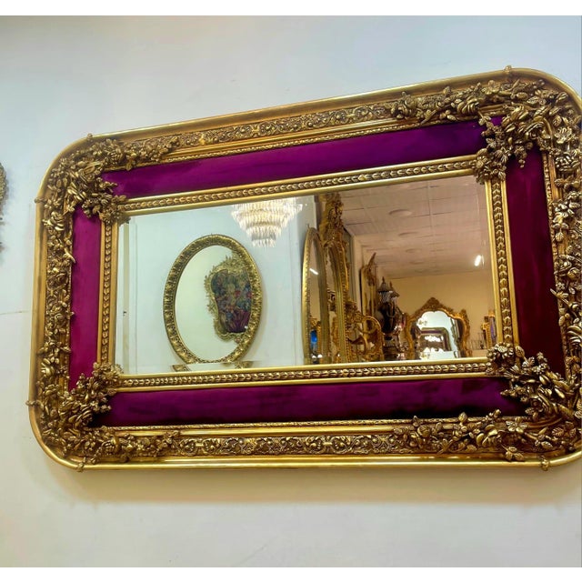 Rococo Style Gold Wall Mirror With Burgundy Velvet Accents & Bronze Details For Sale In Miami - Image 6 of 6