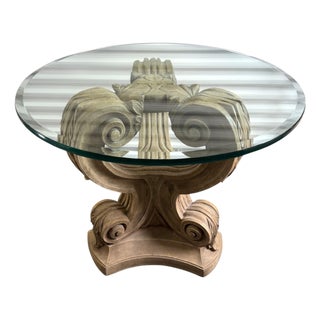 Ballard Designs Attributed Neoclassical Glass Top Pedestal Dining Side Table For Sale