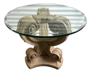 Ballard Designs Attributed Neoclassical Glass Top Pedestal Dining Side Table