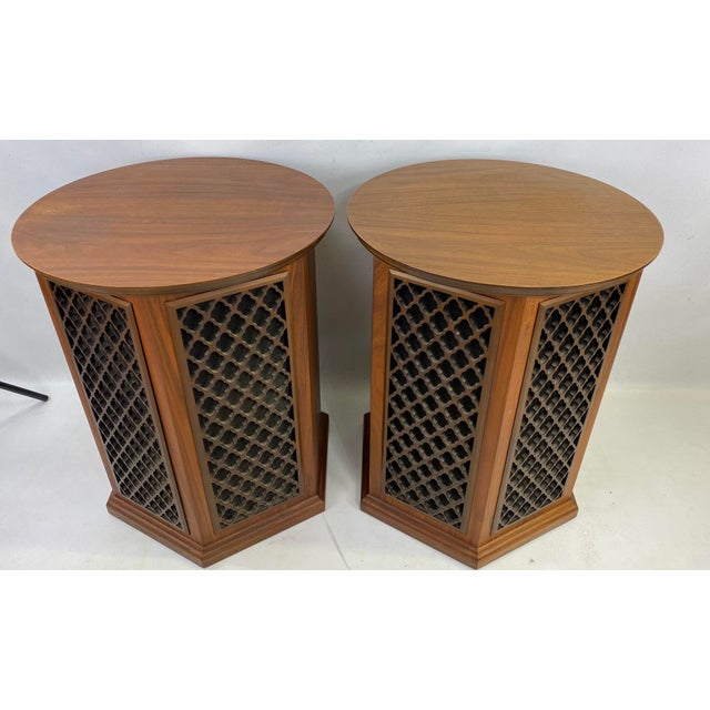 Mid Century Walnut Realistic Optimus 6 Speakers / End Tables a Pair