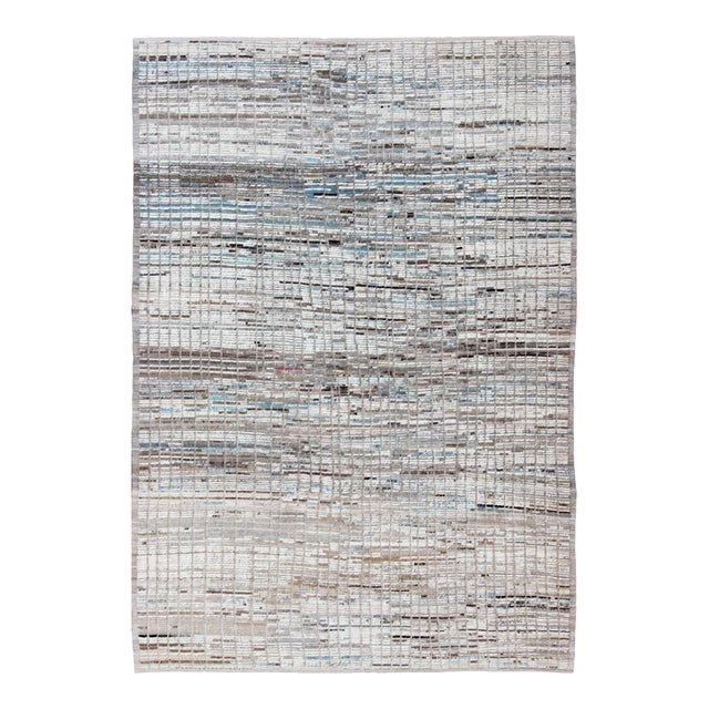 Modern Casual Rug With Hi-Low Design in Cream, White, Brown and Ice Blue 10'3 X 14'3 For Sale