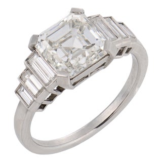 Early 20th Century Art Deco Style Gia 3.00 Carat Asscher Cut Diamond Platinum Engagement Ring, Size 6.75 For Sale