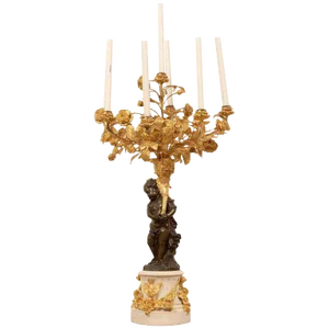 Late 19th Century Monumental Single Louis XVI Style Ormolu and Patinated Seven-Light Candelabra