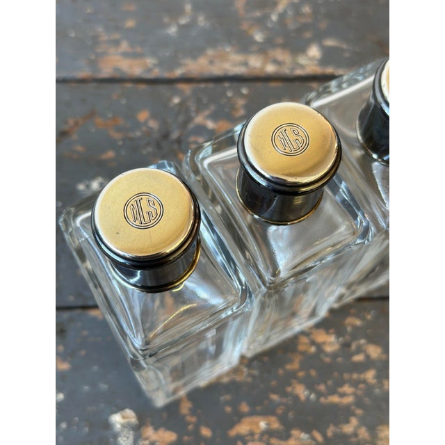 Metal Vintage French Monogrammed Cut Glass + Silver Perfume / Liquor Bottle Travel Set in Leather Case, Circa 1920s For Sale - Image 7 of 12