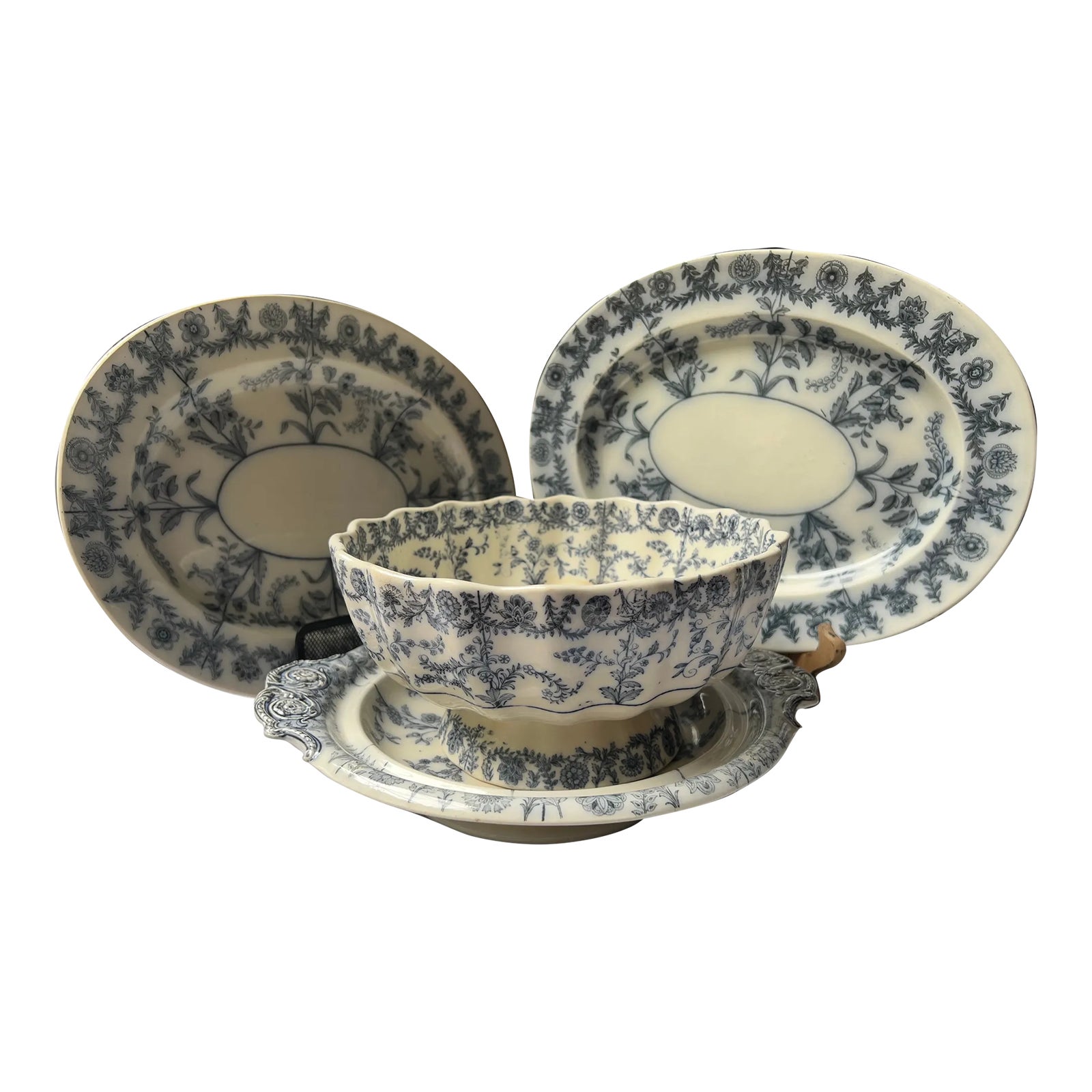 19th Century Antique Spode'Grey Delphi Blue and White Platters and
