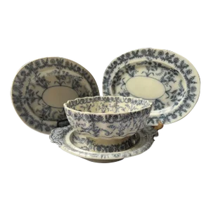 19th Century Antique Spode'Grey Delphi Blue and White Platters and Bowl Set- 4 Pieces