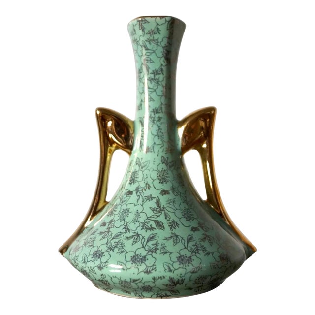 1950’s Mid-Century Modern Small Ceramic & 22k Gold Vase For Sale