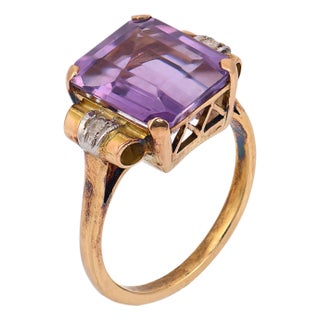 Mid 20th Century Retro 4.80 Carat Amethyst Diamond 18k Yellow Gold Cocktail Ring, Size 7 For Sale