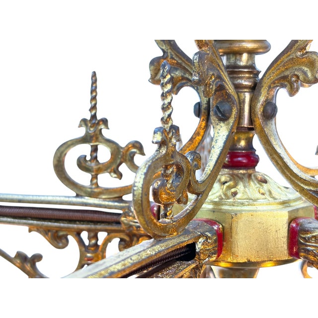 1910s Cast Brass Semi Flush Ceiling Light With Red and Blue Embellishments Circa 1915 For Sale In Los Angeles - Image 6 of 16