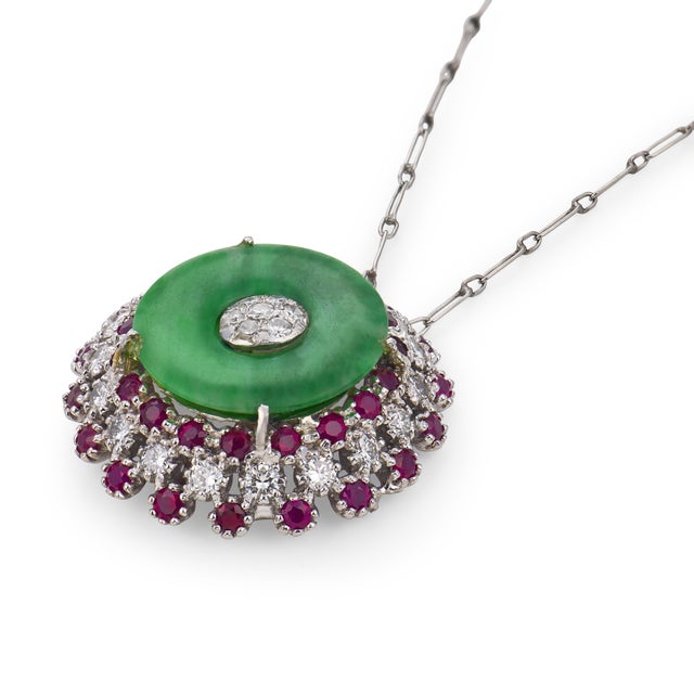 1950s Mid Century Diamond Ruby Jade 18k White Gold Necklace For Sale - Image 5 of 5
