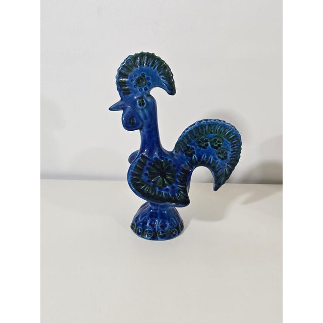 Blue glazed ceramic rooster from the Riminie Blue collection by Aldo Londi for the Italian manufacturer Bitossi around...