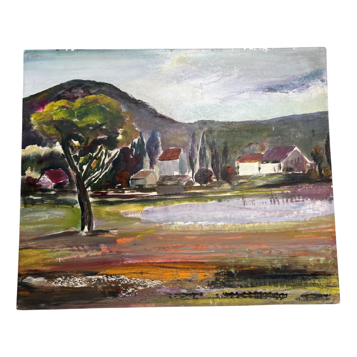 Alain Guennou, Landscape with Village & Lake, 1920s-1940s, Oil Painting ...