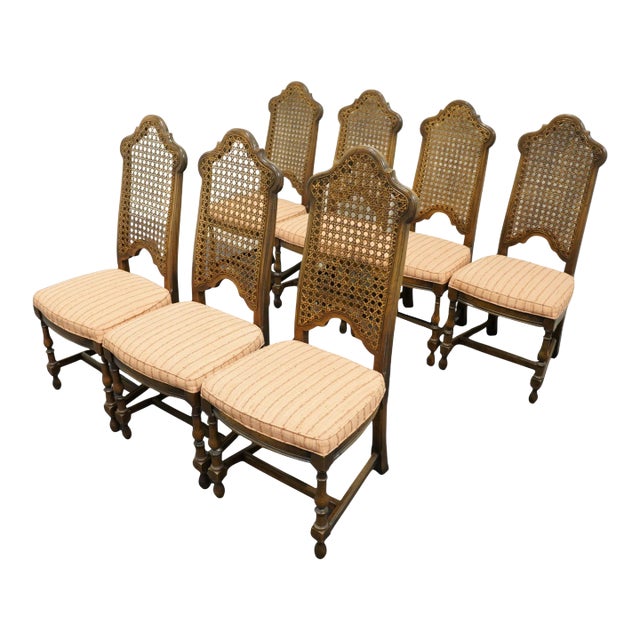 Set of 7 Antique Vintage Solid Walnut Rustic European Style Cane Back Dining Side Chairs For Sale