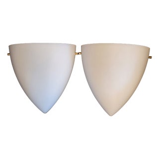 Vintage Minimalist Ceiling Lamps with Opaque White Glass Shades on Brass Brackets, 2000s, Set of 2 For Sale