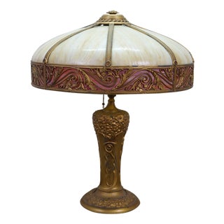 Antique Charles Parker Art Nouveau Two Light Slag Glass Table Lamp 25" For Sale
