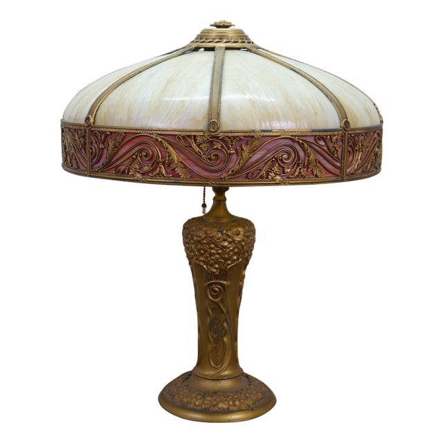 Antique Charles Parker Art Nouveau Two Light Slag Glass Table Lamp 25" For Sale