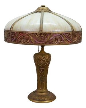 Antique Charles Parker Art Nouveau Two Light Slag Glass Table Lamp 25"