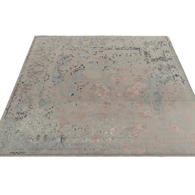 Contemporary Rug & Kilim’s Modern Square Rug - Gray, Blue and Pink Floral Patterns “Coin” For Sale - Image 3 of 7