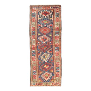 Antique Caucasian Kazak Runner Featuring Intricate Medallion Patterns 3'8 X 10'2 For Sale