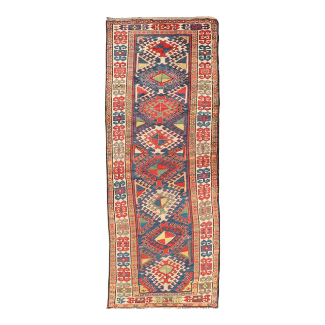 Antique Caucasian Kazak Runner Featuring Intricate Medallion Patterns 3'8 X 10'2 For Sale