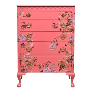 1950s Cottage Johnson Furniture Co Coral Pink Floral Dresser For Sale