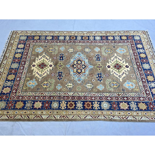 Brown and Navy Kazak Style Tribal Area Rug With Medallions, 5' X 7'7" For Sale - Image 4 of 15