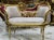 In love with the design. Beautiful bench with gold details. Unique and gorgeus beige damask fabric upholstery and white...