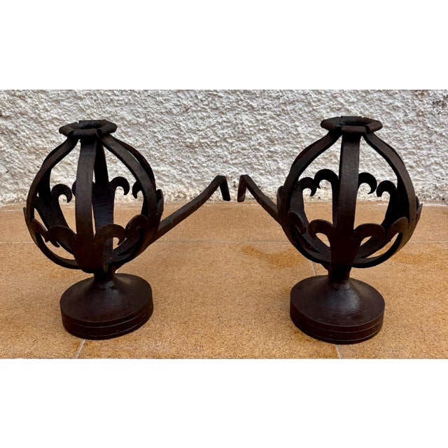 1900 - 1909 Pair of Spanish Forged-Iron Basket Andirons, circa 1900 For Sale - Image 5 of 15