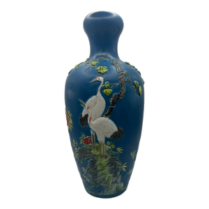 Mid 20th Century Vase With Molded Crane and Pine on Turquoise Ground Qianlong Mark