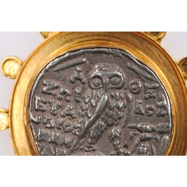 Metal Antique Ancient Greek Owl & Athena Coin Pendant For Sale - Image 7 of 11