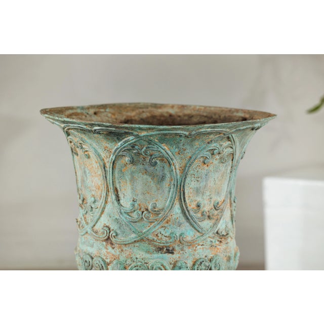 Large Decorative Bronze Urn with Verdigris Patina and Classical Relief Motifs For Sale - Image 10 of 12
