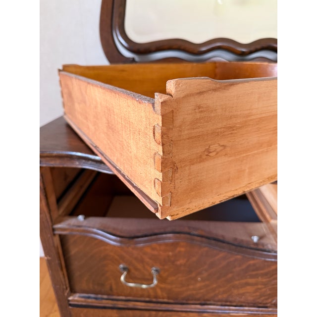 Victorian Antique American Tiger Oak Serpentine Dresser With Swing Mirror C. 1900-1915 For Sale - Image 3 of 5