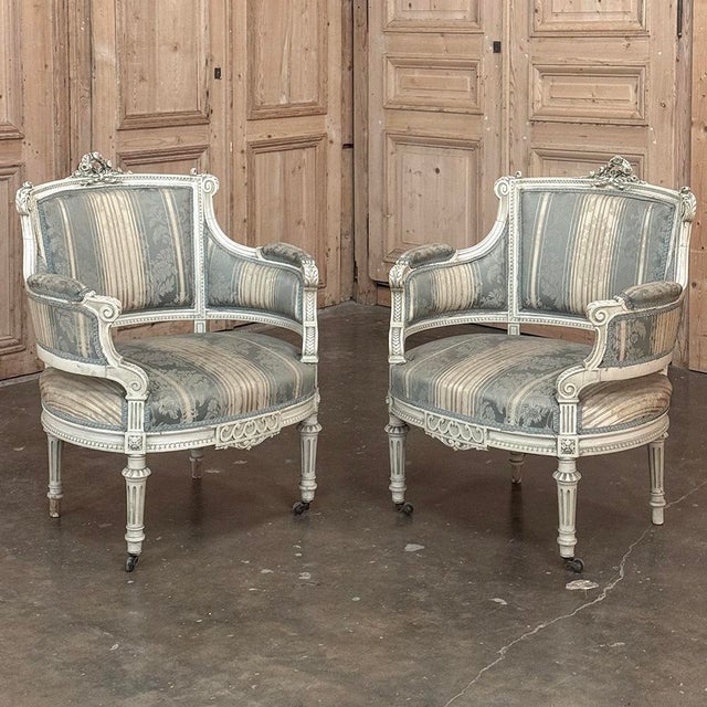Early 20th Century Pair of Louis XVI Painted Bergères ~ Paris For Sale - Image 5 of 15
