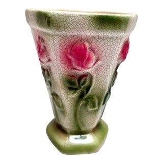 Vintage Crackle Glaze Textured Rose Patterned Vase For Sale