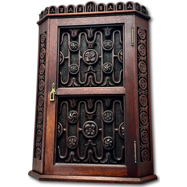 Wood Outstanding Antique Beautifully Hand Carved Solid Mahogany Wall Hanging Corner Cabinet - Signed & Dated 1900 For Sale - Image 7 of 18