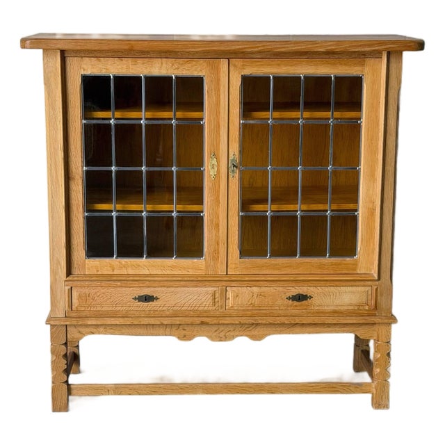 In Style of Henning Kjærnulf Oak Glass Cabinet With Leaded Doors Vintage Danish Mid-Century Modern 1960s For Sale