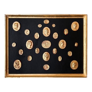 Grand Tour Neoclassical Gilded Collection of Classical Intaglio and Cameo on the Leather Ground With Gilt Frame For Sale