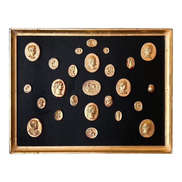Grand Tour Neoclassical Gilded Collection of Classical Intaglio and Cameo on the Leather Ground With Gilt Frame For Sale