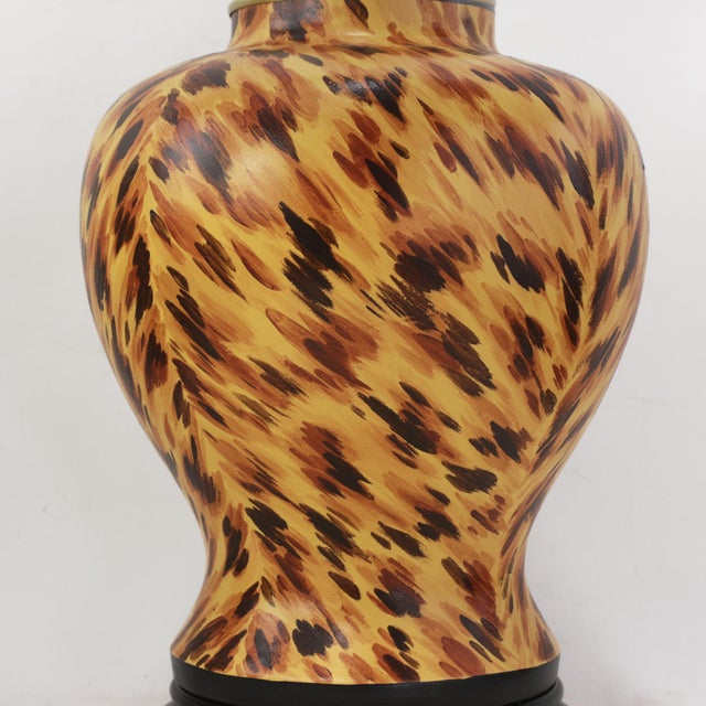 Wood Pair of Vintage Hand Painted Yellow and Brown Tortoiseshell Pattern Porcelain Table Lamps With Wood Bases For Sale - Image 7 of 13