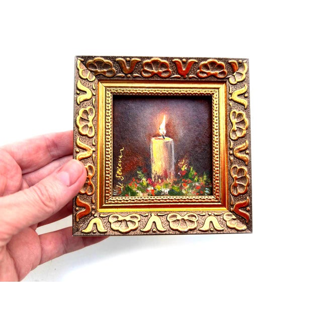 Plastic Framed Painting of Lighted Candle Christmas Still Life by Valeriya Serova For Sale - Image 7 of 8