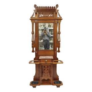 Late 19th Century Antique Eastlake Victorian Walnut Marble Top Umbrella Stand Hall Tree Mirror For Sale