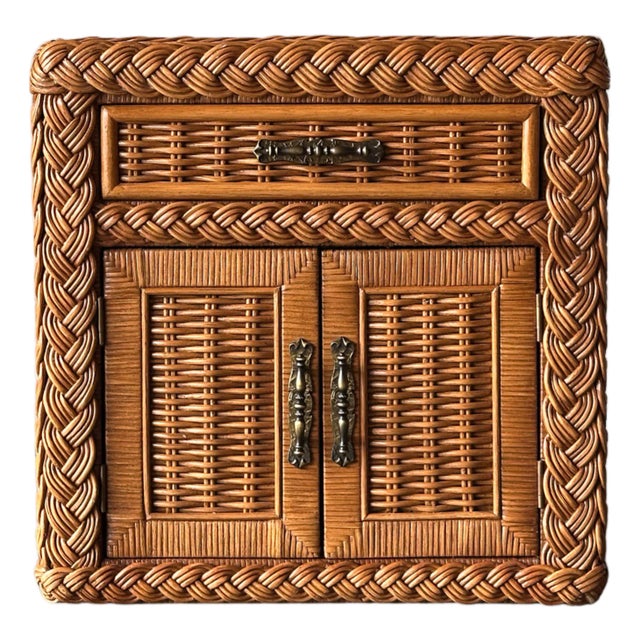 Woven Wicker Nightstand With Braided Rope Trim, 1980s For Sale