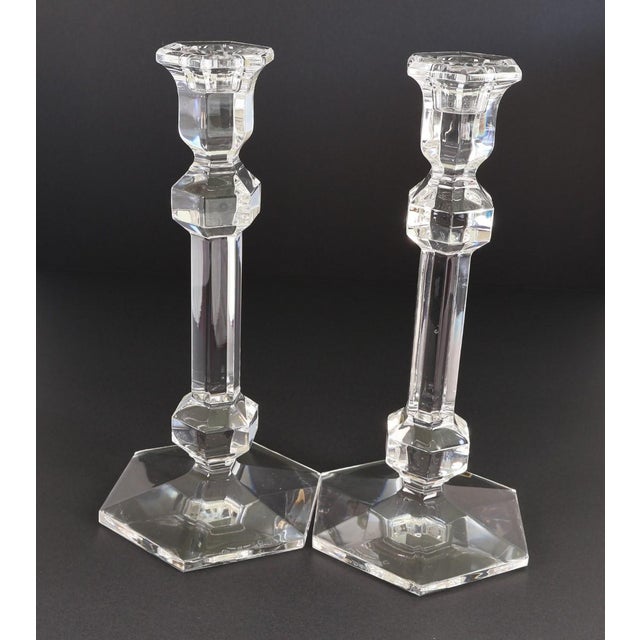 Pair of Val Saint Lambert Belgian Crystal Candlesticks Signed & Labeled For Sale In Philadelphia - Image 6 of 11