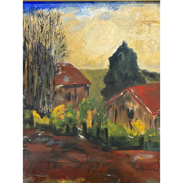 A charming vintage acrylic landscape painting on canvas, featuring a serene composition of houses nestled among trees....