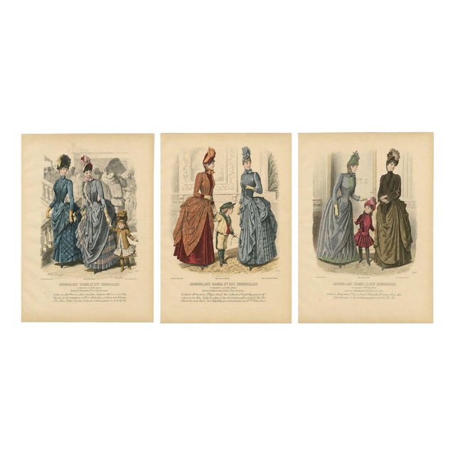 French Fashion Plates with Paris Ladies & Children, 1880, Engravings, Set of 3 For Sale