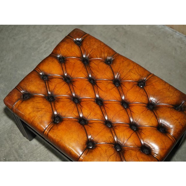 Vintage Brown Hand-Dyed Tufted Leather Chesterfield Ottomans, Set of 2 For Sale - Image 5 of 18